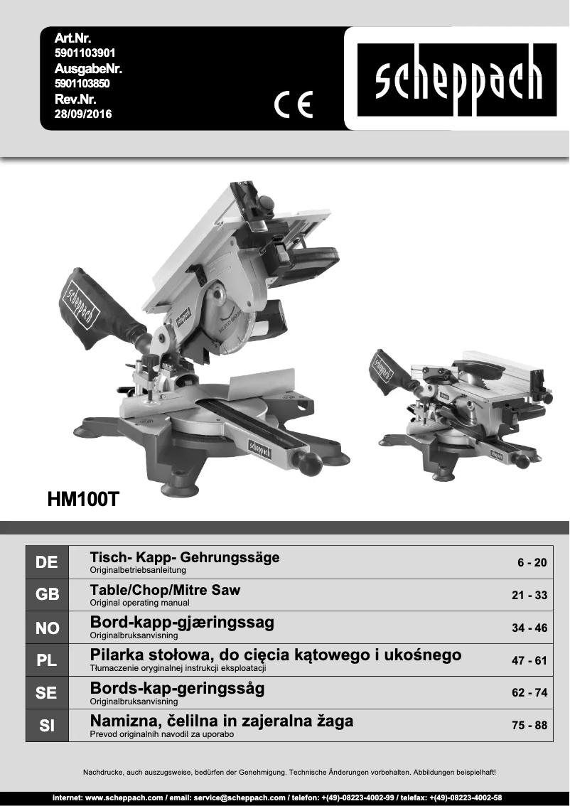 Page 1 de la notice Manuel utilisateur Scheppach HM100T
