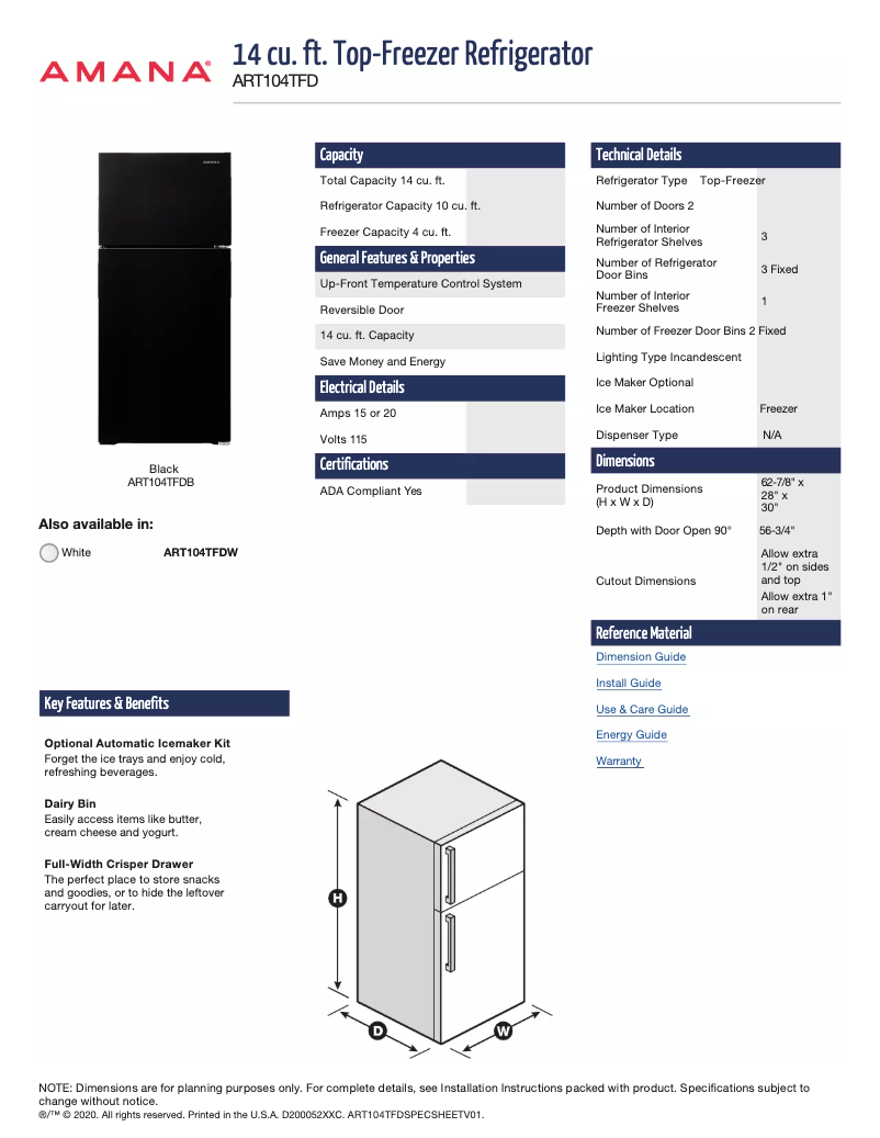Page 1 de la notice Fiche technique Amana ART308FFDB