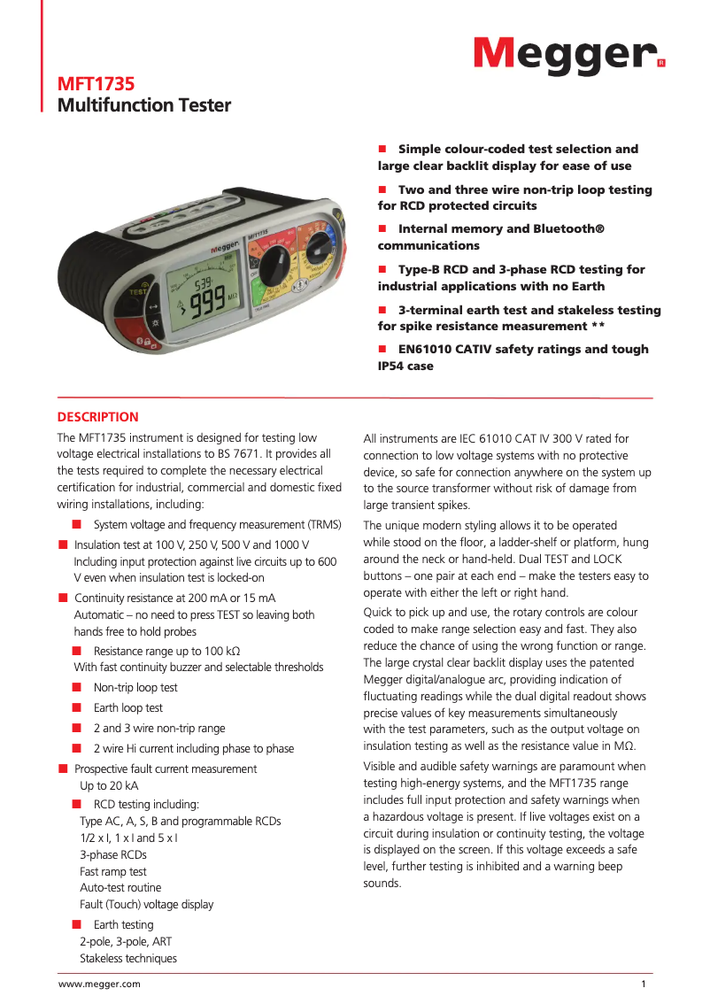 Page 1 de la notice Fiche technique Megger MFT1735
