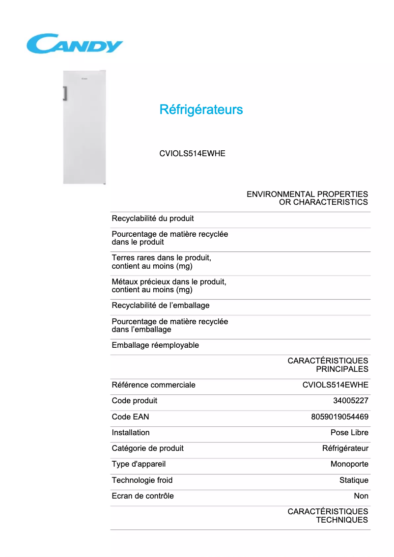 Page n°1 - Fiche technique Candy CVIOLS514EWHE