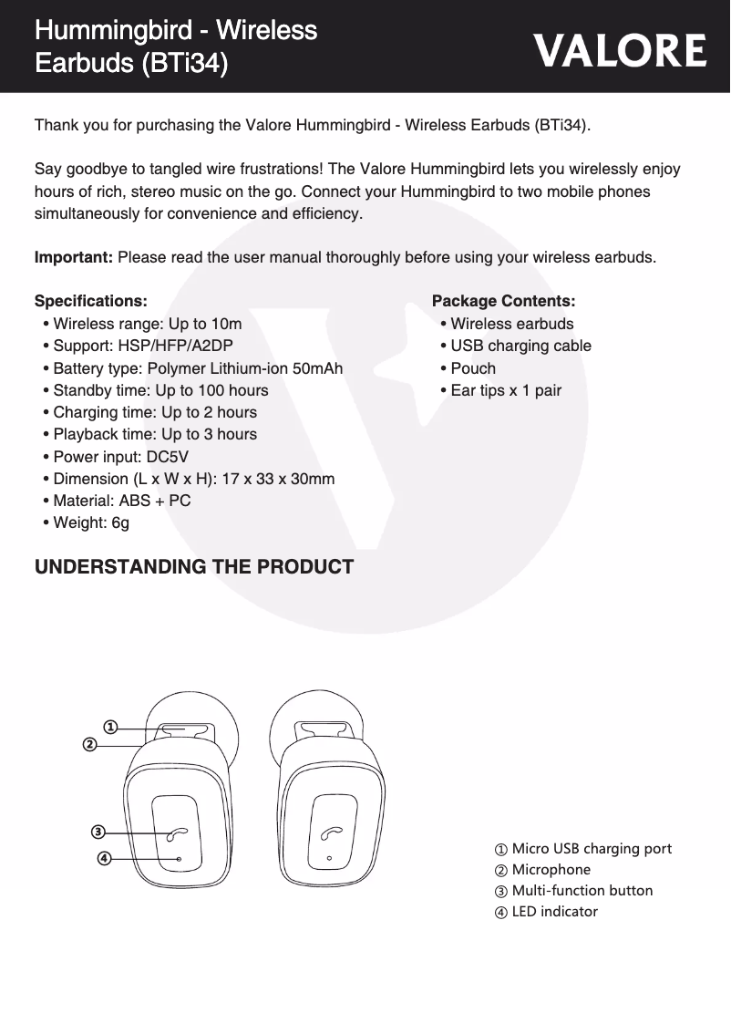 Page 1 de la notice Manuel utilisateur Valore BTi34