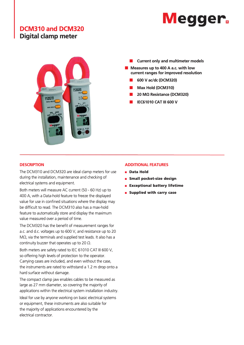 Page 1 de la notice Fiche technique Megger DCM320