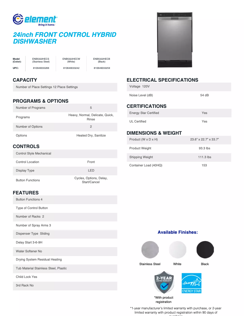 Page 1 de la notice Fiche technique Element ENB5322HECS