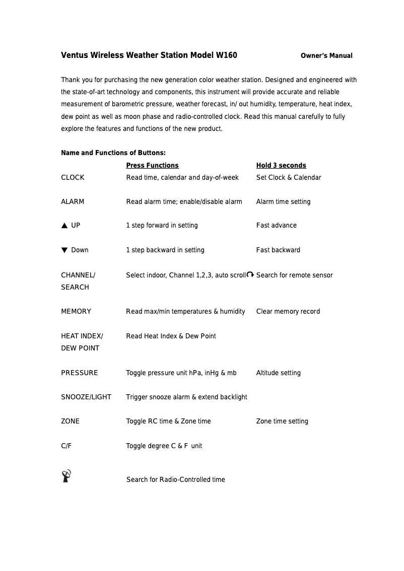 Image de la première page du manuel de l'appareil W160