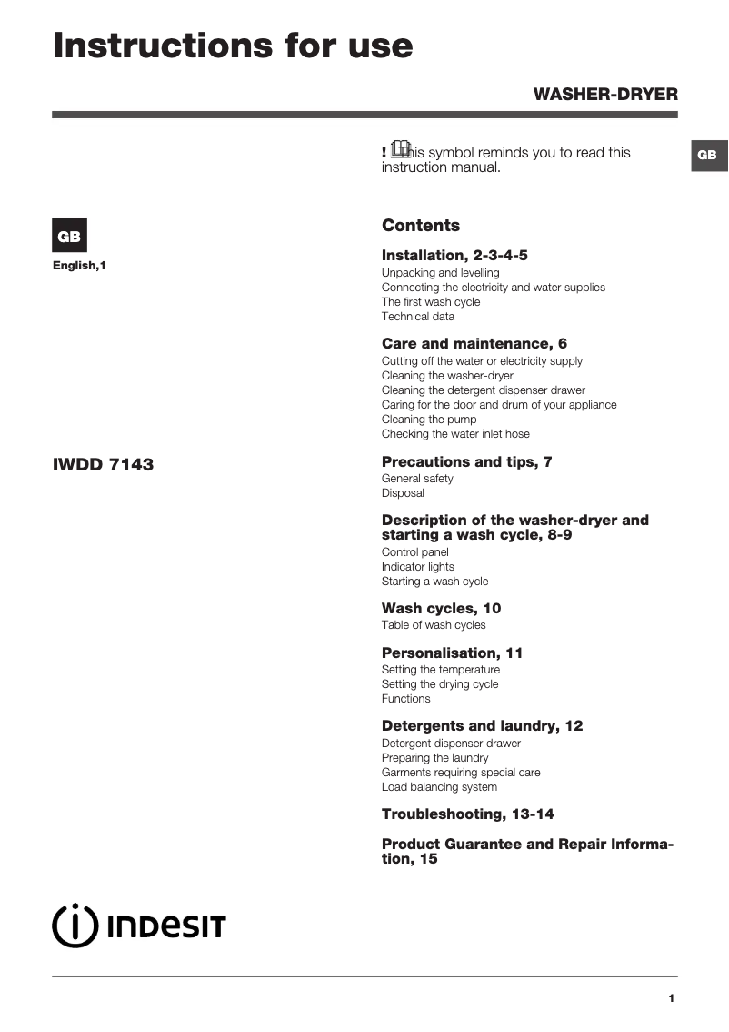 Page 1 de la notice Instructions / montage Indesit IWDD 7143 (UK)