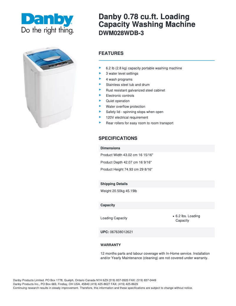 Página 1 del manual Ficha técnica Danby DWM028WDB-3