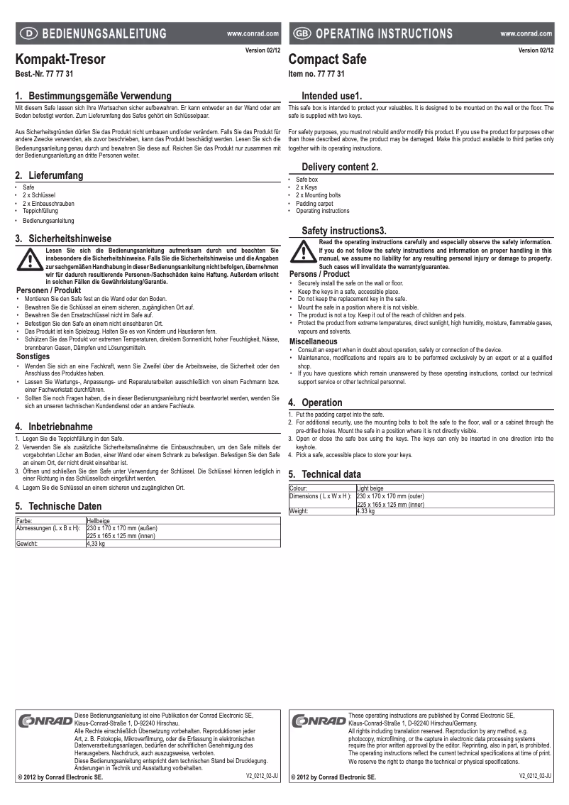 Page 1 de la notice Manuel utilisateur Conrad Compact Safe