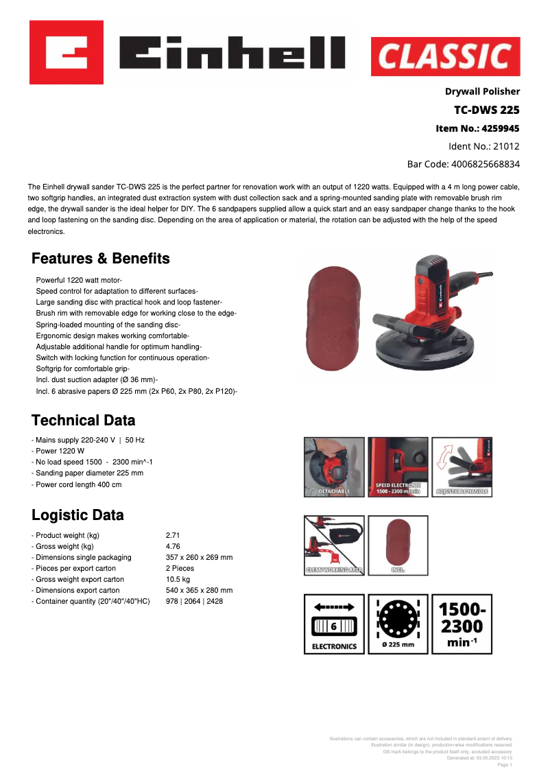 Page 1 de la notice Fiche technique Einhell TC-DWS 225