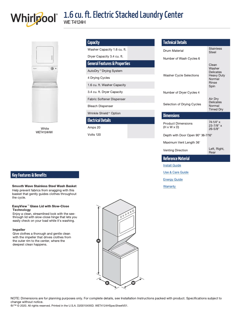 Page 1 de la notice Fiche technique Whirlpool WET4124HW