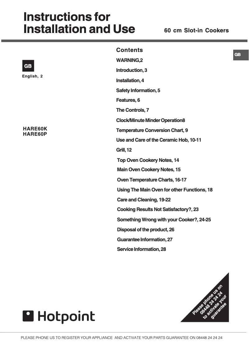Page 1 de la notice Manuel utilisateur Hotpoint HARE60K