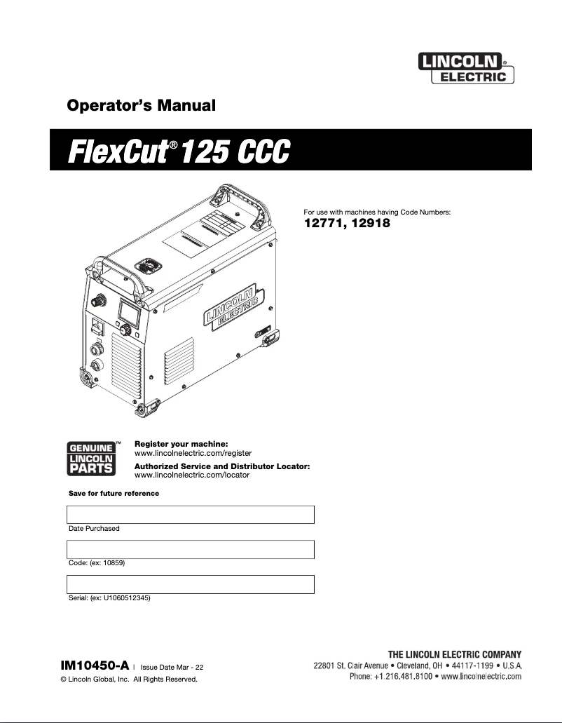Page n°1 - Manuel utilisateur Lincoln Electric FlexCut 125