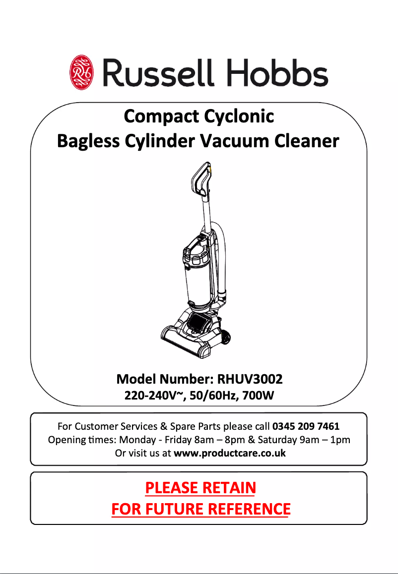 Page 1 de la notice Manuel utilisateur Russell Hobbs Compact Cyclonic RHUV3002