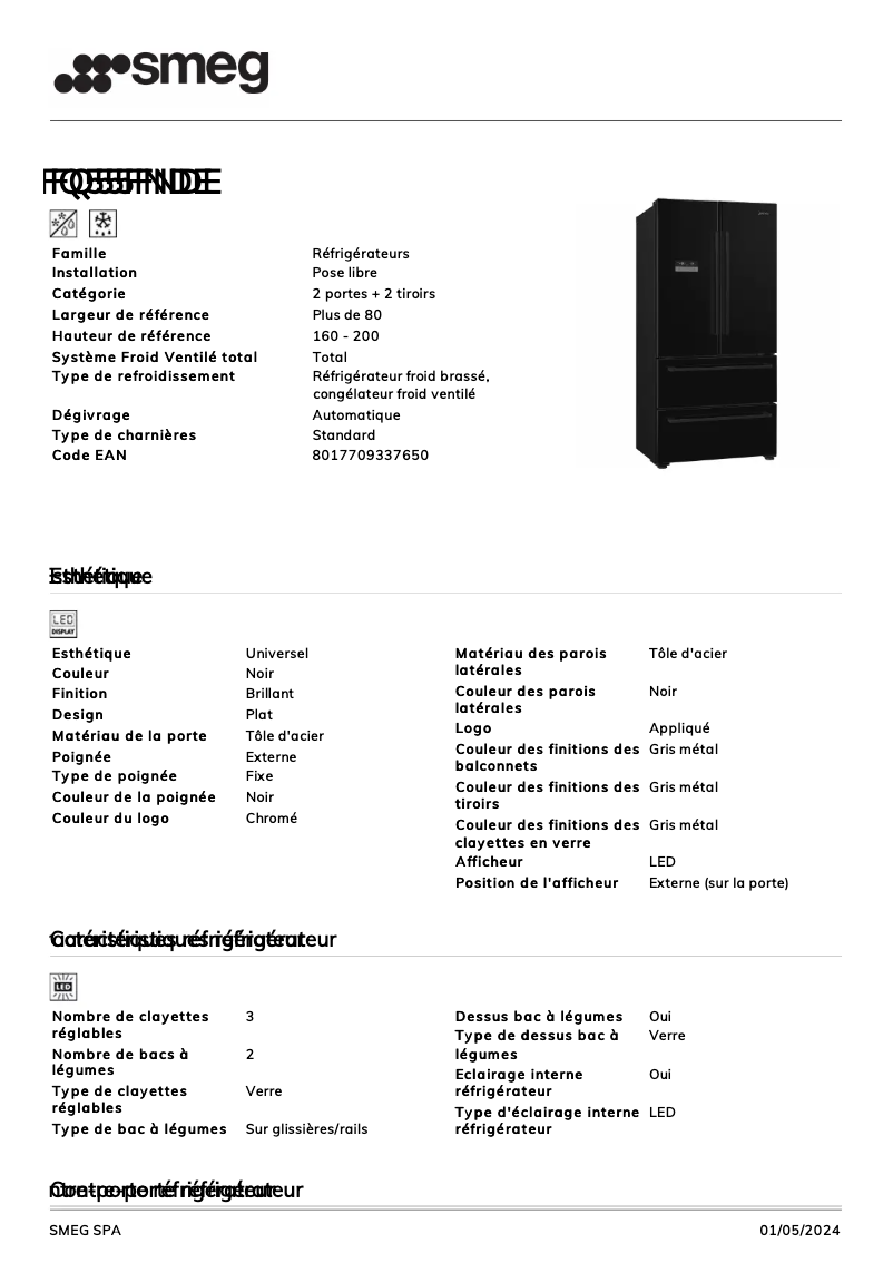 Page n°1 - Fiche technique Smeg FQ55FNDE