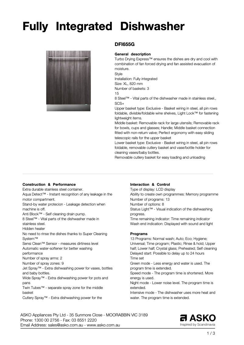 Page 1 de la notice Fiche technique Asko DFI655G
