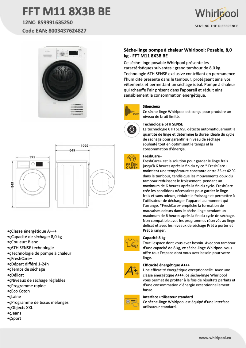Page n°1 - Fiche technique Whirlpool FFT M11 8X3B BE