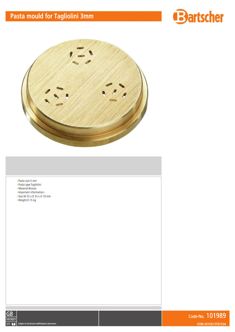 Page 1 de la notice Manuel utilisateur Bartscher 101989