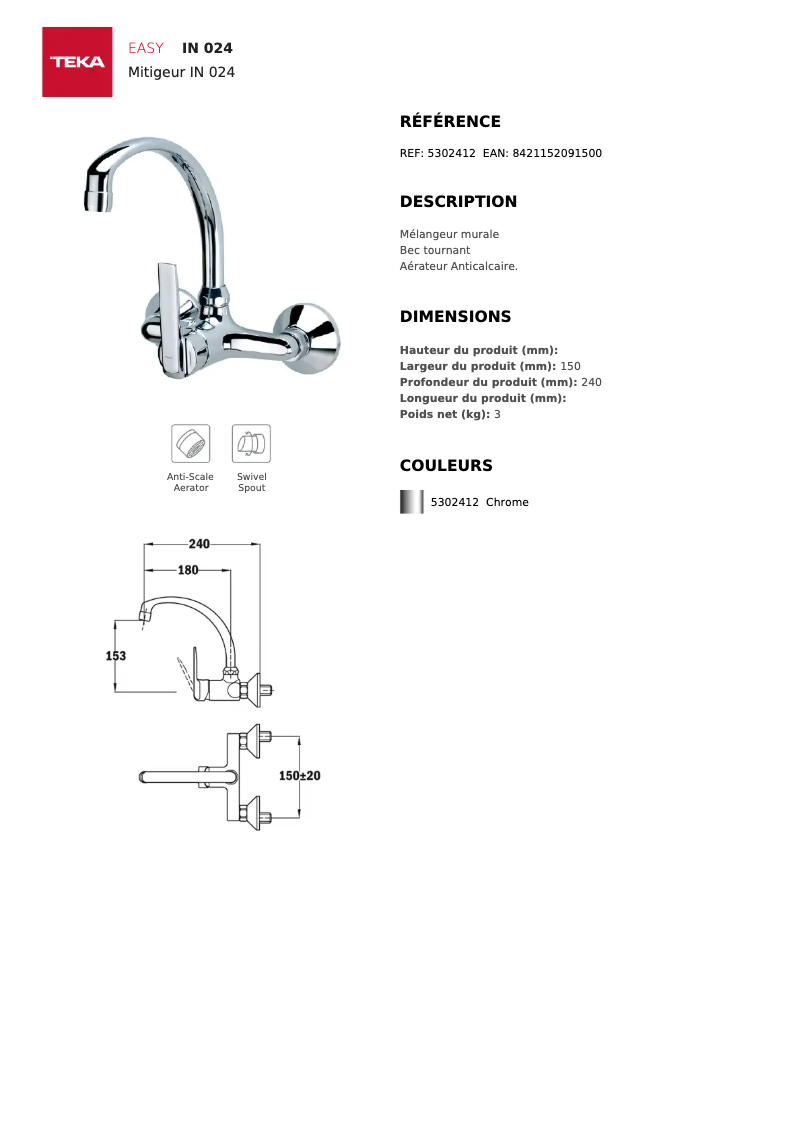Page 1 de la notice Fiche technique Teka IN 024