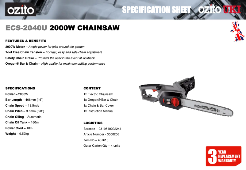 Page 1 de la notice Fiche technique Ozito ECS-2040U