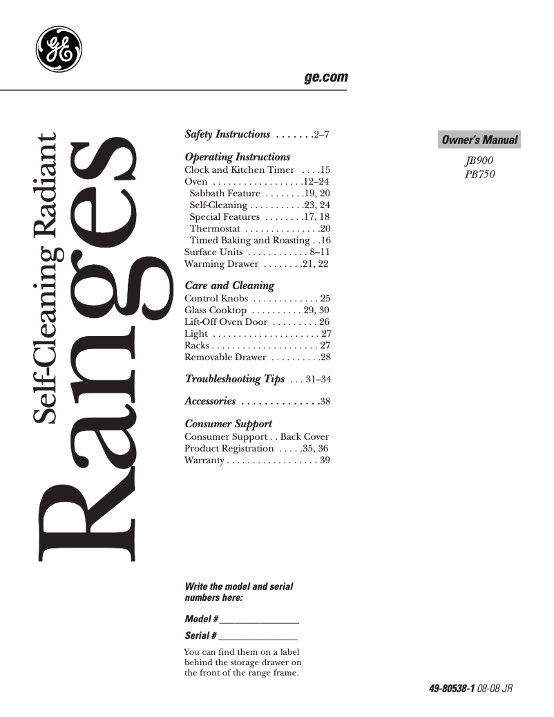Page n°1 - Manuel d'utilisation et d'entretien GE Profile JB900KKCC
