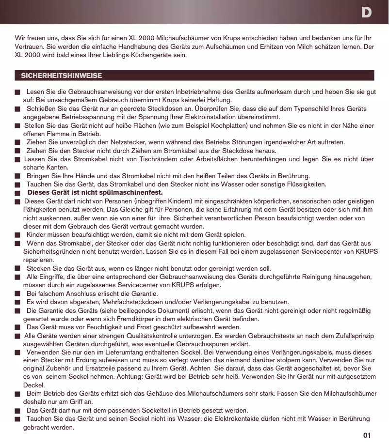 Page 1 de la notice Manuel utilisateur Krups XL 2000