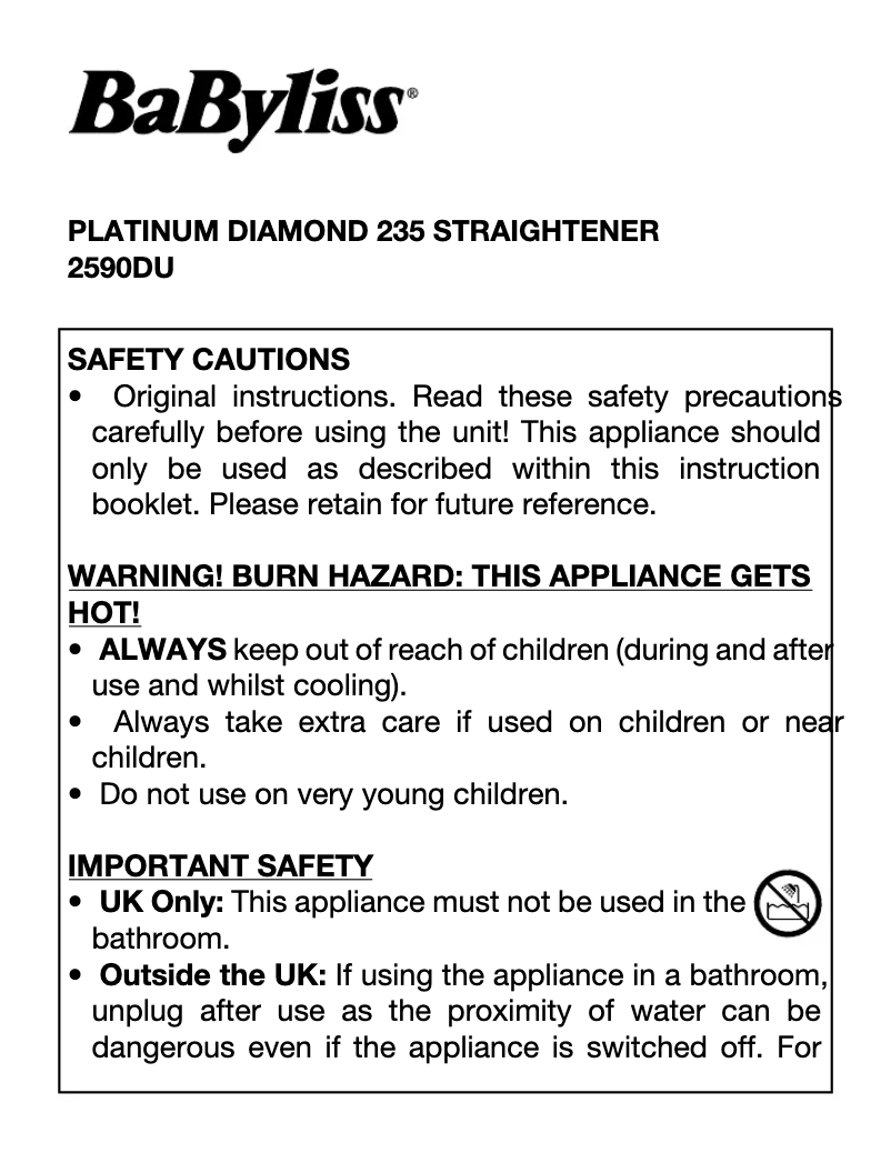 Page 1 de la notice Manuel utilisateur BaByliss Platinum Diamond 235 2590DU