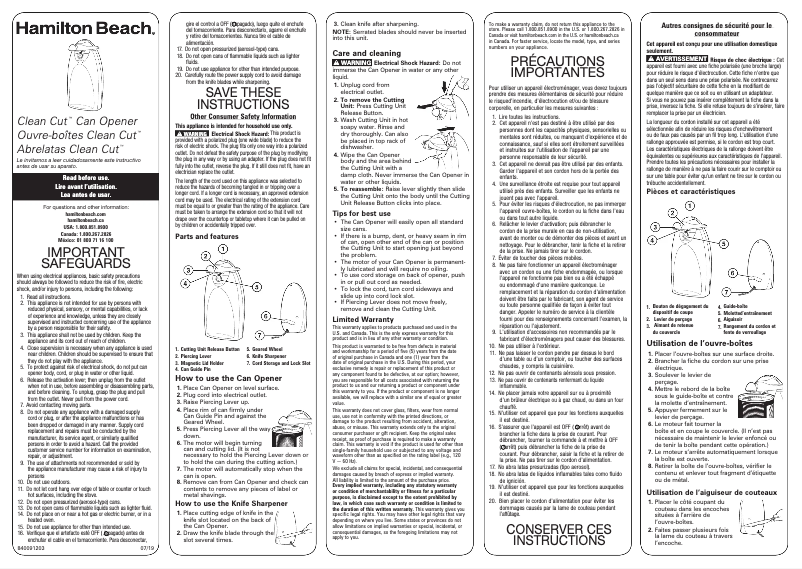 Page 1 de la notice Manuel utilisateur Hamilton Beach Clean Cut 76388R