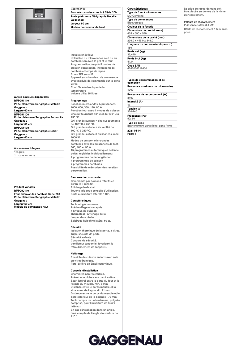 Página 1 del manual Ficha técnica Gaggenau BMP251110