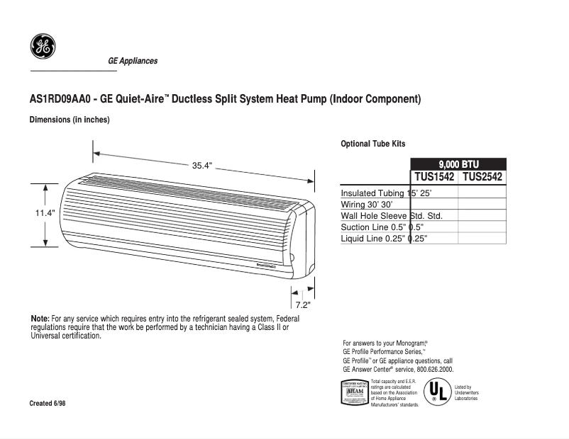 Page 1 de la notice Fiche technique GE Quiet-Aire AS1RD09AA0
