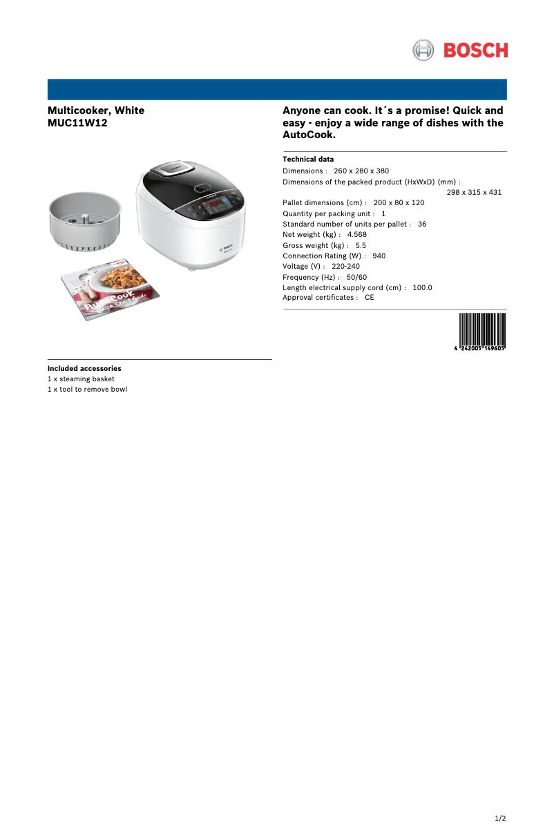 Page 1 de la notice Fiche technique Bosch AutoCook MUC11W12