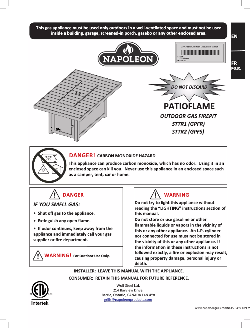 Page 1 de la notice Manuel utilisateur Napoleon STTR2-BZ