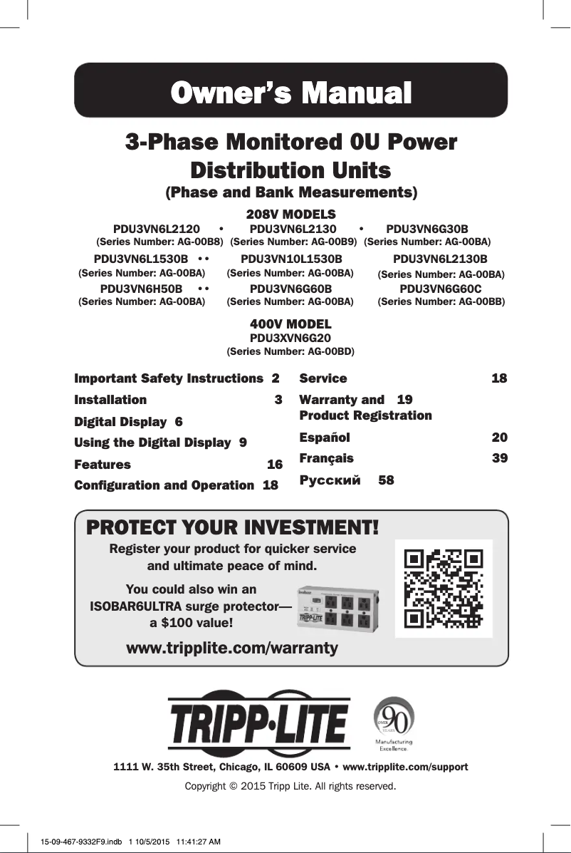 Page 1 de la notice Manuel utilisateur Tripp Lite PDU3VN10L1530B