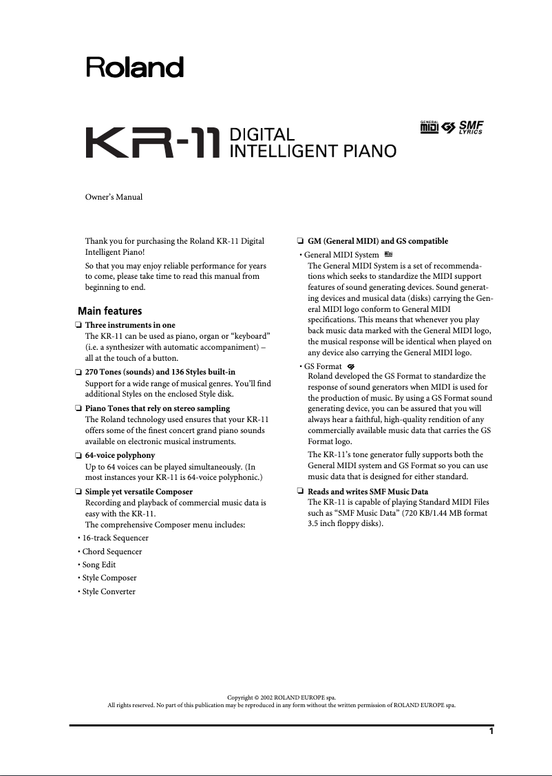 Page 1 de la notice Manuel utilisateur Roland KR-11