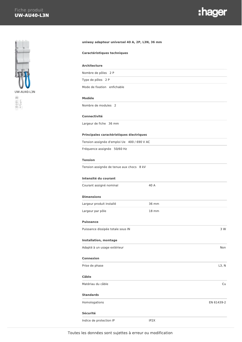 Page n°1 - Manuel utilisateur Hager UW-AU40-L3N