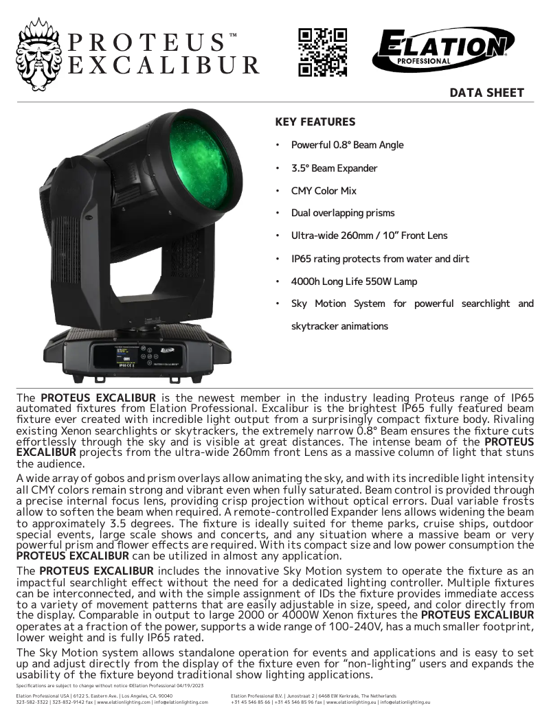 Page 1 de la notice Fiche technique Elation Proteus Excalibur