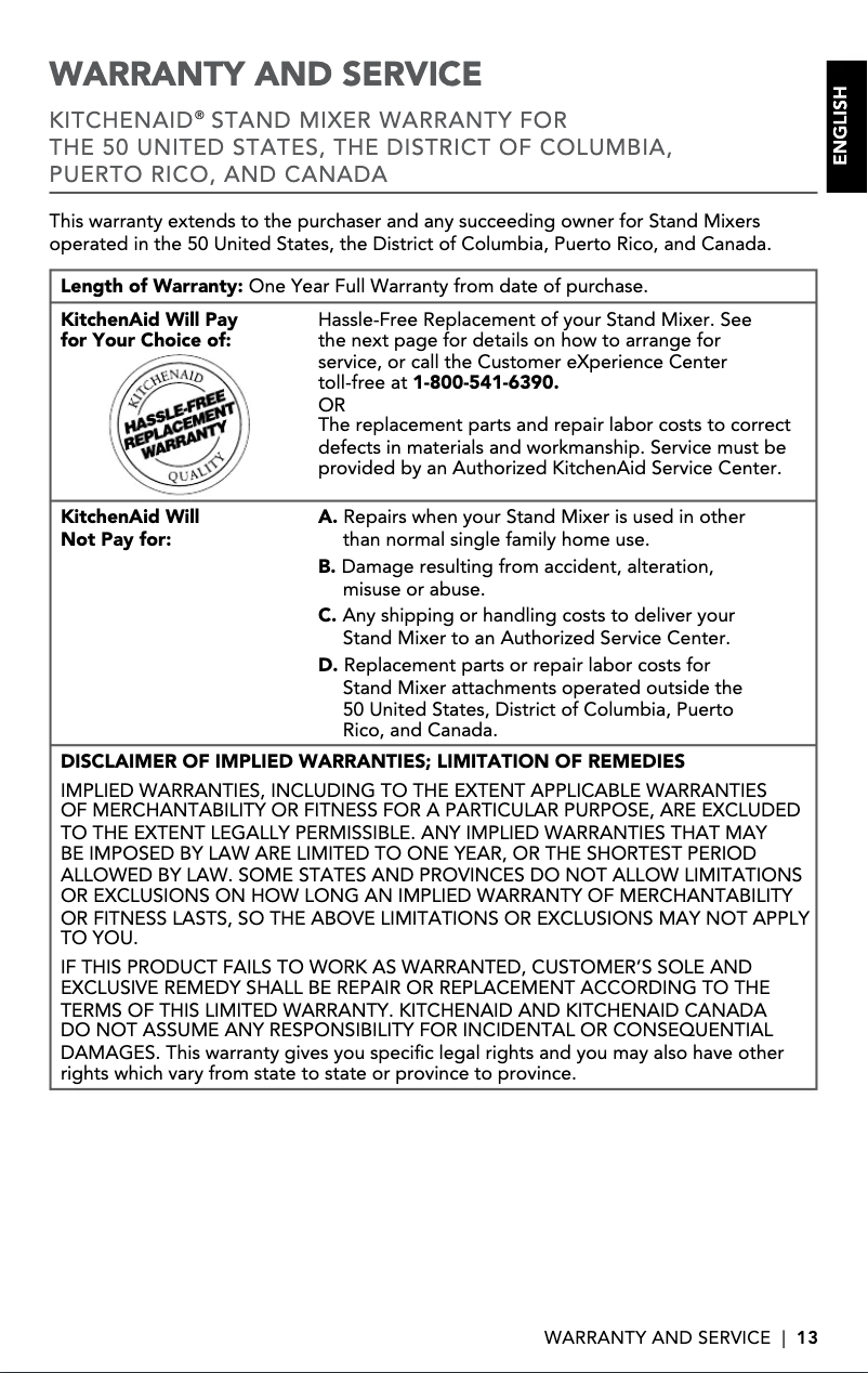 Page n°1 - Informations de garantie KitchenAid KSM3311XPH
