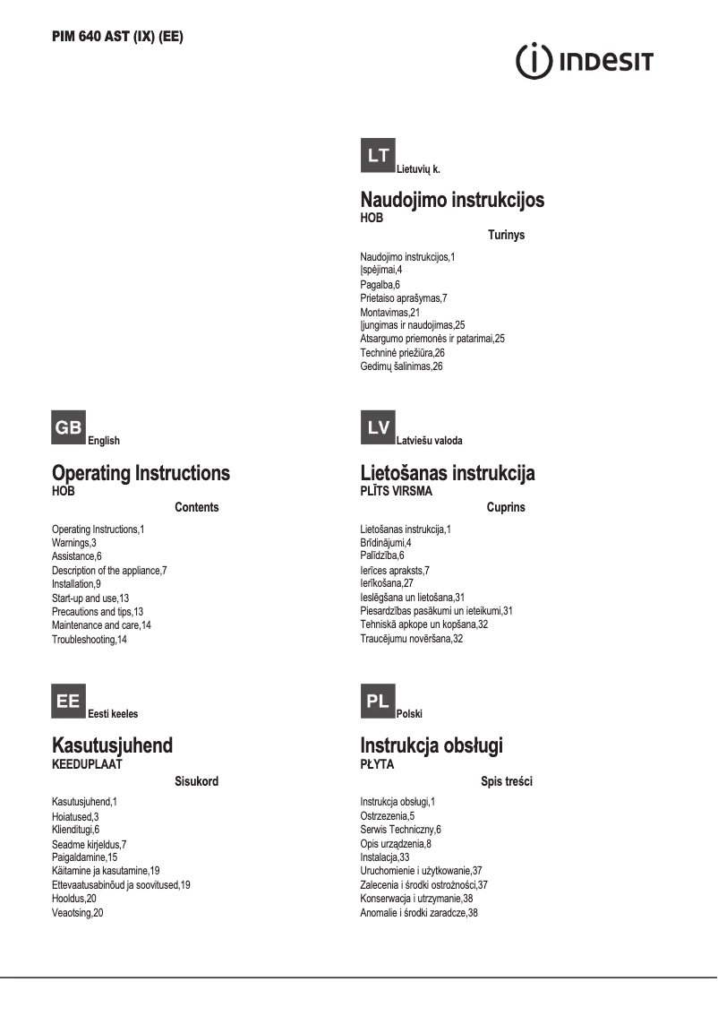 Page n°1 - Manuel utilisateur Indesit PIM 640 AST (IX) (EE)