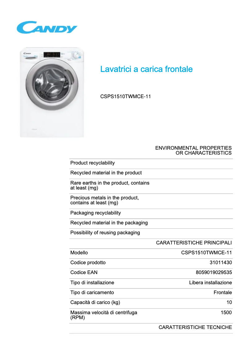 Image de la première page du manuel de l'appareil CSPS1510TWMCE-11