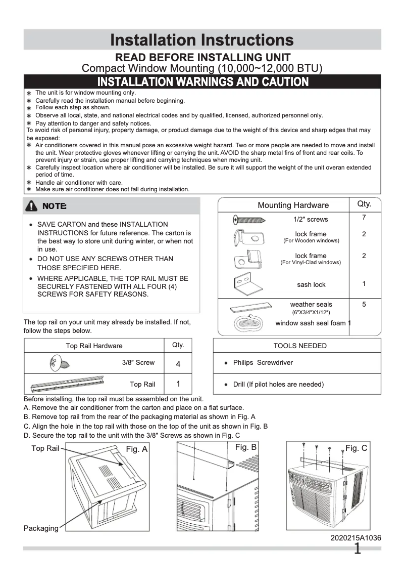 Page 1 de la notice Guide d'installation Frigidaire FFRA1211R1