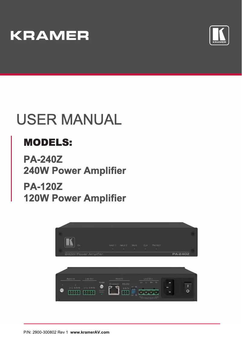 Page 1 de la notice Manuel utilisateur Kramer PA-240Z