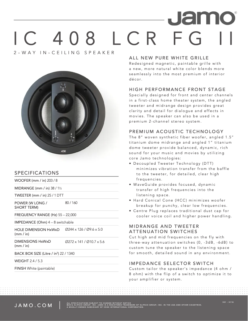 Page 1 de la notice Fiche technique Jamo IC 408 LCR FG II