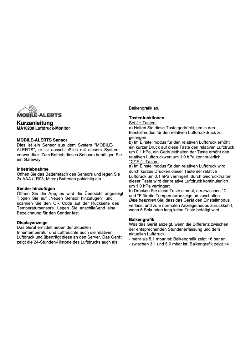 Page 1 de la notice Manuel utilisateur Techno Line MA 10238