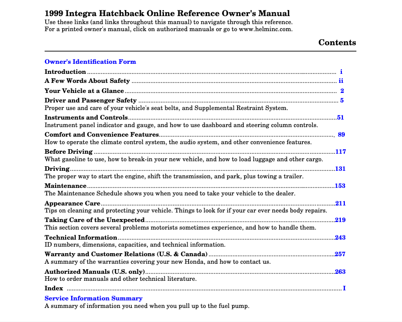Page 1 de la notice Manuel utilisateur Acura Integra (1999)