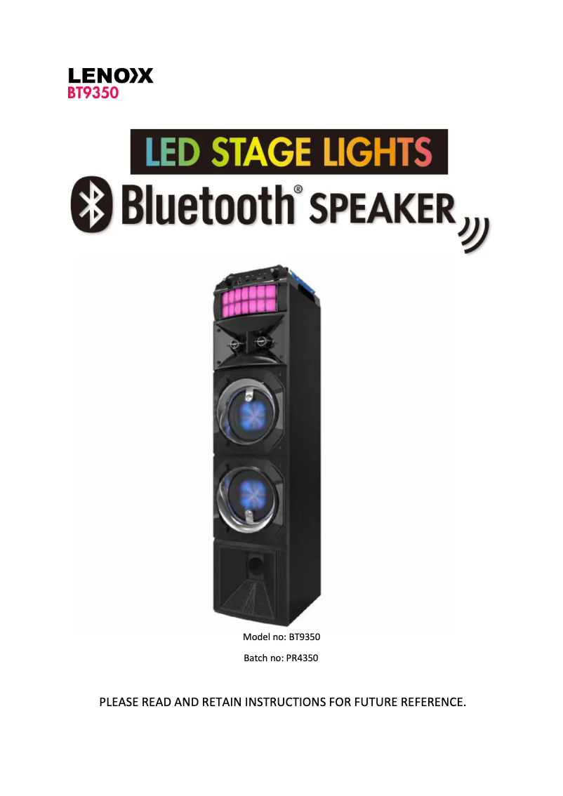 Page 1 de la notice Manuel utilisateur Lenoxx BT9350