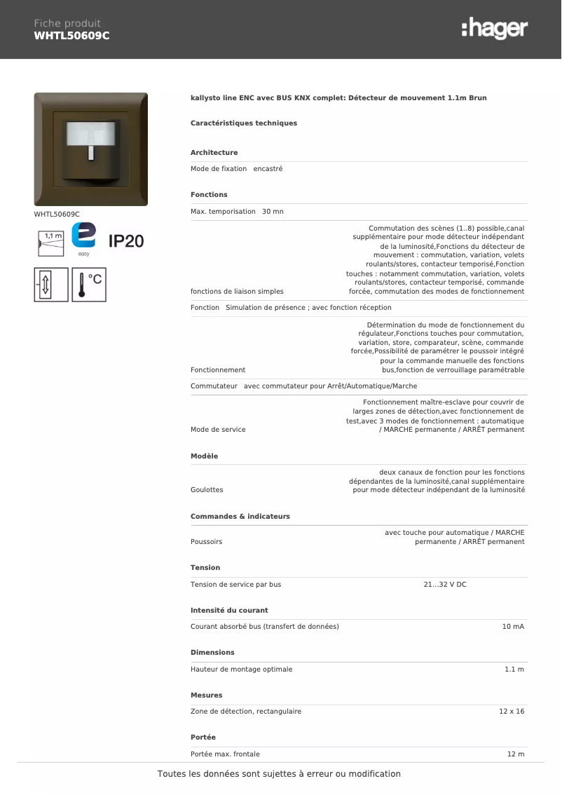 Page 1 de la notice Fiche technique Hager WHTL50609C