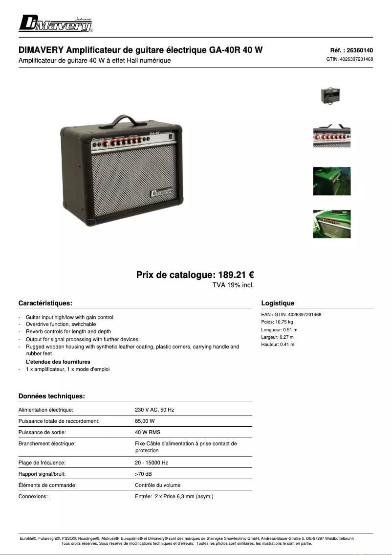 Page 1 de la notice Fiche technique Dimavery GA-40