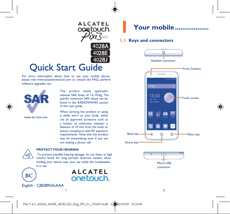 Page 1 de la notice Guide de démarrage rapide Alcatel One Touch Pixi 3