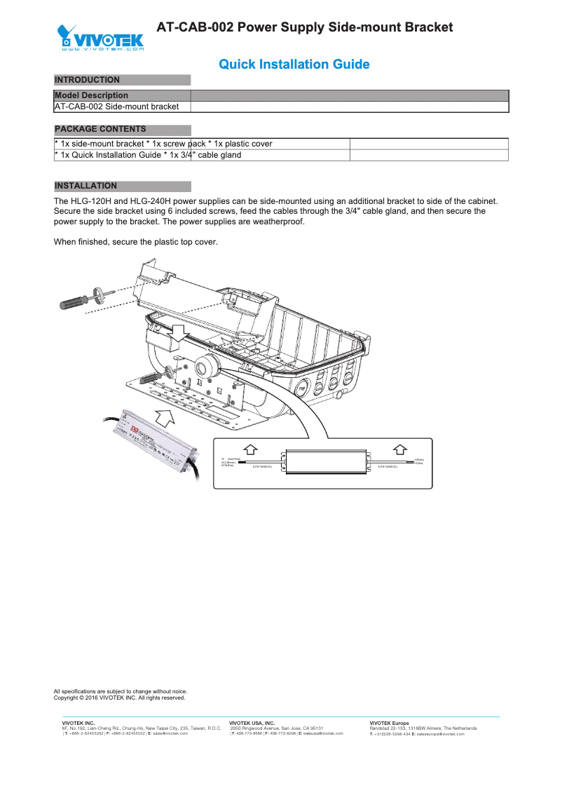 Page 1 de la notice Guide d'installation Vivotek AT-CAB-002