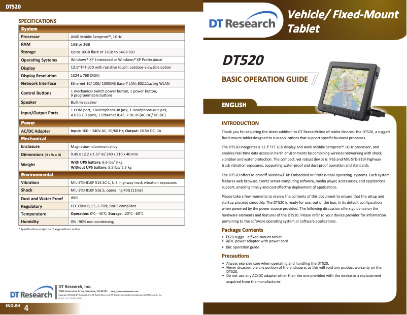 Page n°1 - Manuel utilisateur DT Research DT520