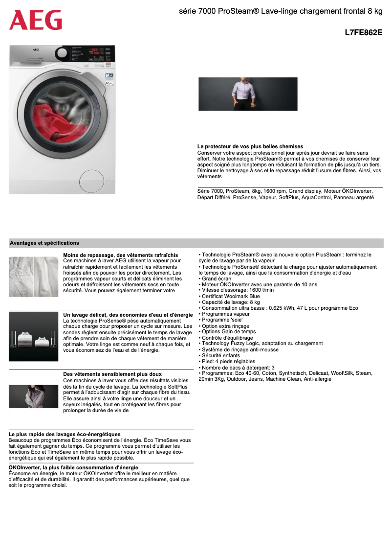 Page n°1 - Fiche technique AEG L7FE862E