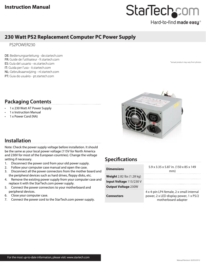 Page n°1 - Manuel utilisateur StarTech.com PS2POWER230